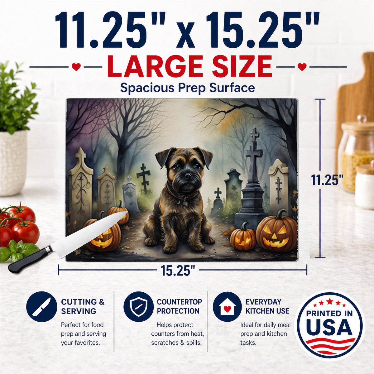 Caroline's Treasures DAC2019LCB Border Terrier Spooky Halloween Glass Cutting Board Large Decorative Tempered Glass Kitchen Cutting and Serving Board Large Size Chopping Board