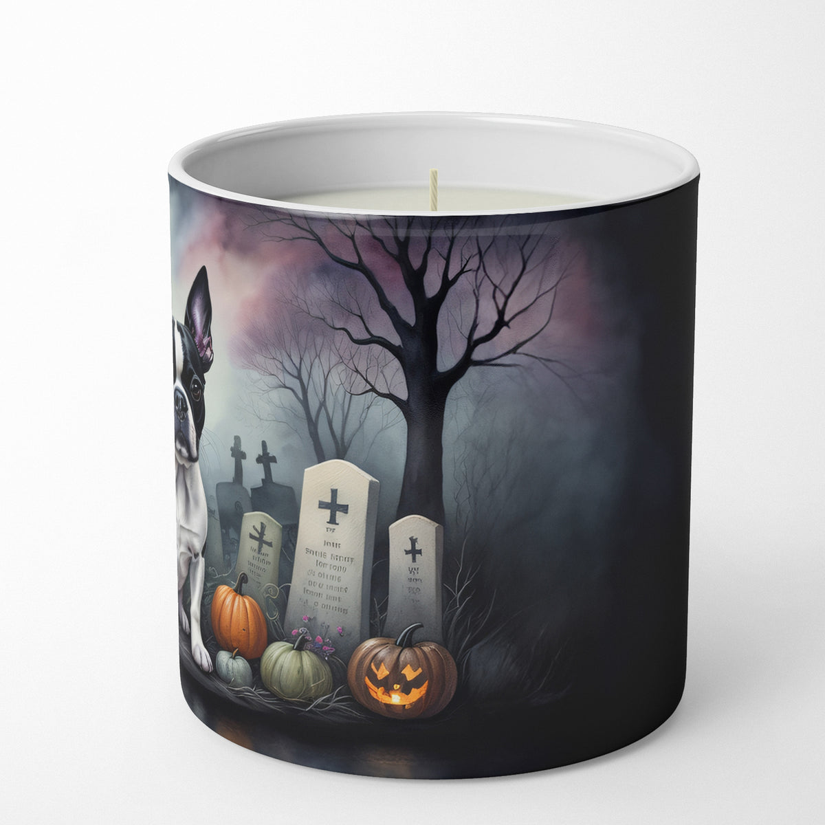 Caroline's Treasures DAC2020CDL Boston Terrier Spooky Halloween Decorative Soy Candle Nature Soy Wax Essential Oil Home Decor Ideal for Bedroom Kitchen Bath Office Gift, 10 oz