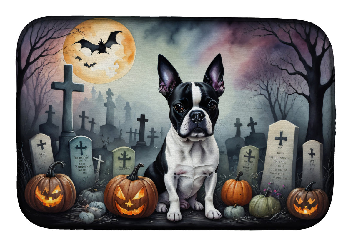 Caroline's Treasures DAC2020DDM Boston Terrier Spooky Halloween Dish Drying Mat Absorbent Dish Drying Mat Pad for Kitchen Counter Dish Drainer Mat for Countertop, 14 x 21, Multicolor