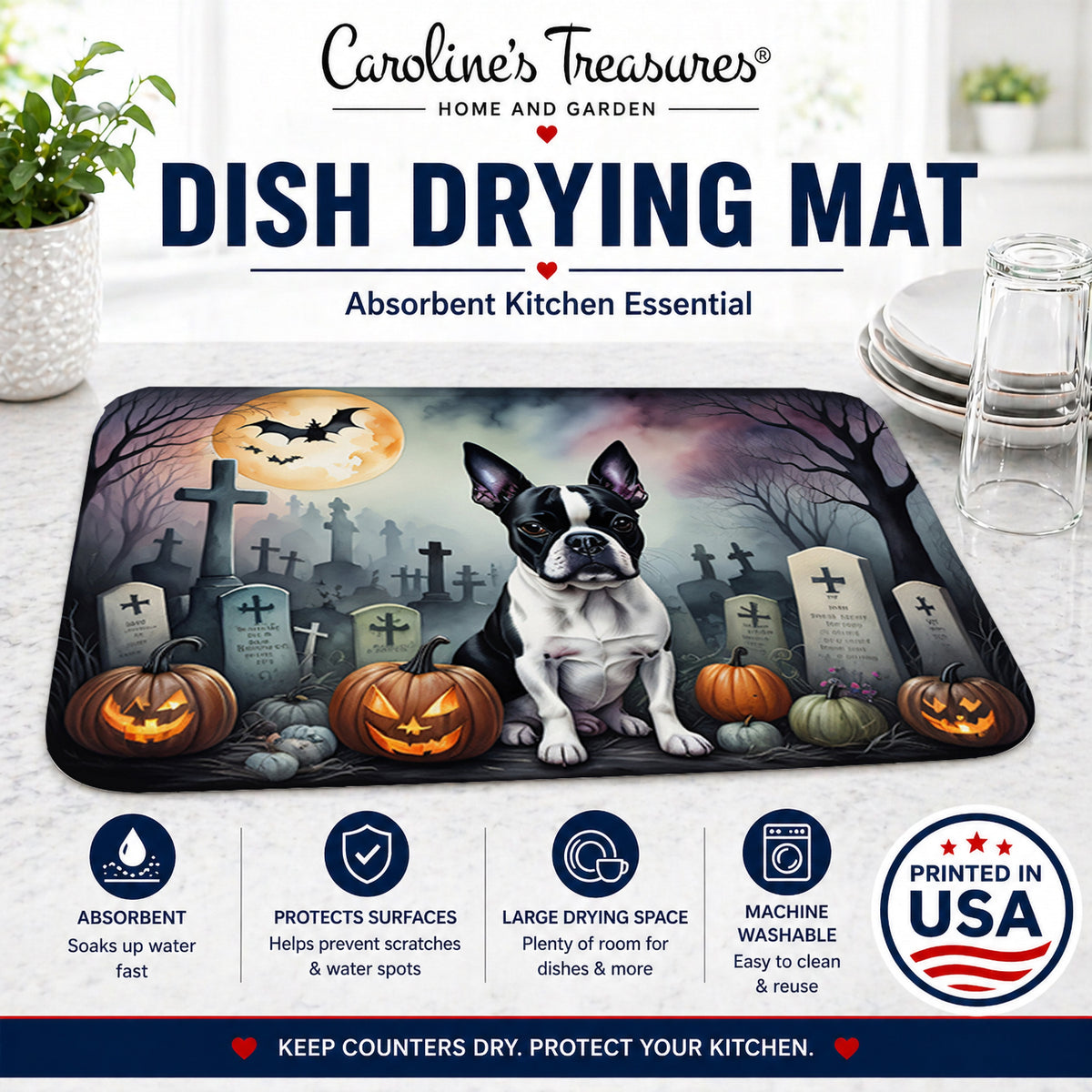 Caroline's Treasures DAC2020DDM Boston Terrier Spooky Halloween Dish Drying Mat Absorbent Dish Drying Mat Pad for Kitchen Counter Dish Drainer Mat for Countertop, 14 x 21, Multicolor