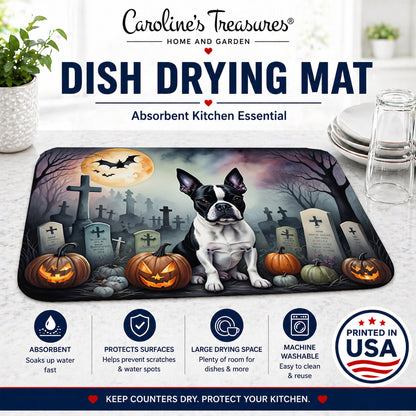 Caroline's Treasures DAC2020DDM Boston Terrier Spooky Halloween Dish Drying Mat Absorbent Dish Drying Mat Pad for Kitchen Counter Dish Drainer Mat for Countertop, 14 x 21, Multicolor