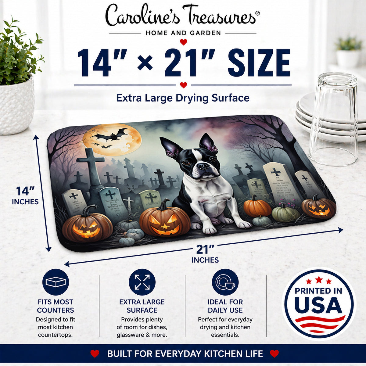 Caroline's Treasures DAC2020DDM Boston Terrier Spooky Halloween Dish Drying Mat Absorbent Dish Drying Mat Pad for Kitchen Counter Dish Drainer Mat for Countertop, 14 x 21, Multicolor