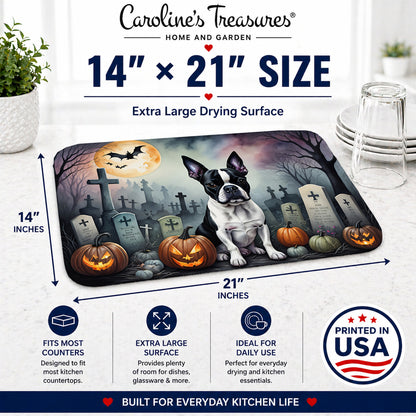 Caroline's Treasures DAC2020DDM Boston Terrier Spooky Halloween Dish Drying Mat Absorbent Dish Drying Mat Pad for Kitchen Counter Dish Drainer Mat for Countertop, 14 x 21, Multicolor