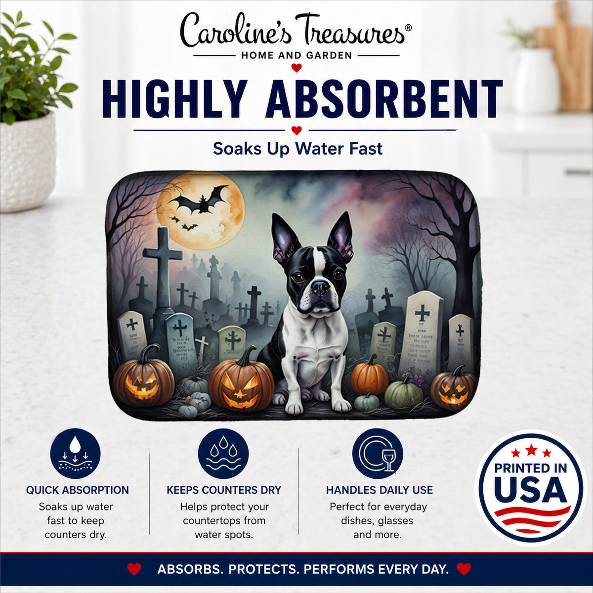 Caroline's Treasures DAC2020DDM Boston Terrier Spooky Halloween Dish Drying Mat Absorbent Dish Drying Mat Pad for Kitchen Counter Dish Drainer Mat for Countertop, 14 x 21, Multicolor