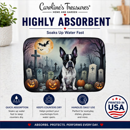 Caroline's Treasures DAC2020DDM Boston Terrier Spooky Halloween Dish Drying Mat Absorbent Dish Drying Mat Pad for Kitchen Counter Dish Drainer Mat for Countertop, 14 x 21, Multicolor