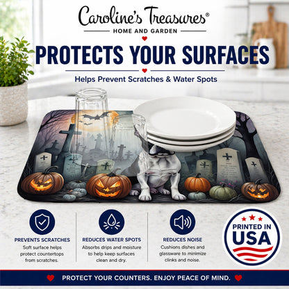 Caroline's Treasures DAC2020DDM Boston Terrier Spooky Halloween Dish Drying Mat Absorbent Dish Drying Mat Pad for Kitchen Counter Dish Drainer Mat for Countertop, 14 x 21, Multicolor