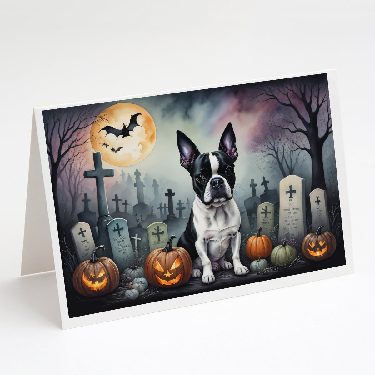 Caroline's Treasures DAC2020GCA7P Boston Terrier Spooky Halloween Greeting Cards and Envelopes Pack of 8 Blank Cards with Envelopes Whimsical A7 Size 5x7 Blank Greeting Cards