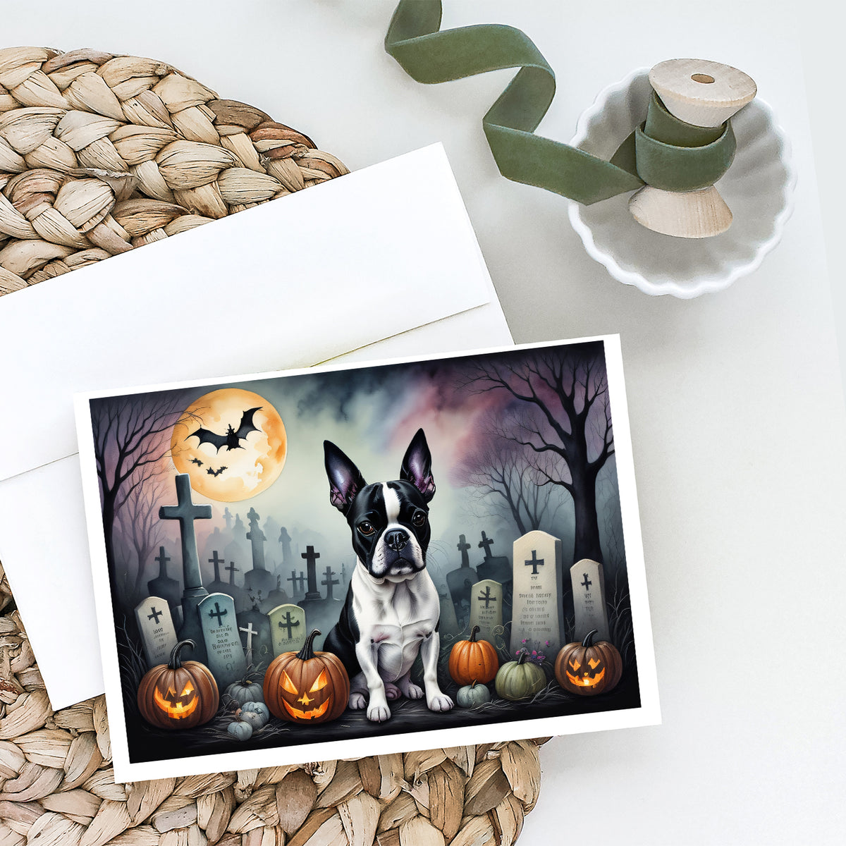 Caroline's Treasures DAC2020GCA7P Boston Terrier Spooky Halloween Greeting Cards and Envelopes Pack of 8 Blank Cards with Envelopes Whimsical A7 Size 5x7 Blank Greeting Cards
