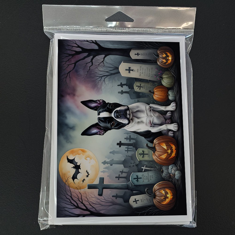 Caroline's Treasures DAC2020GCA7P Boston Terrier Spooky Halloween Greeting Cards and Envelopes Pack of 8 Blank Cards with Envelopes Whimsical A7 Size 5x7 Blank Greeting Cards