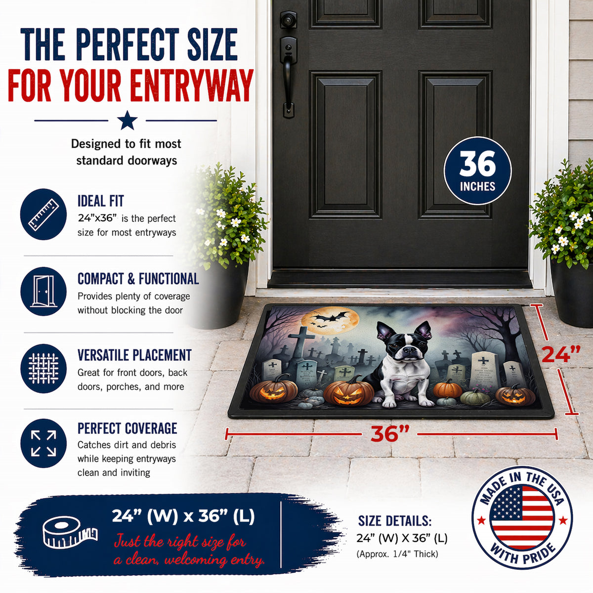 Caroline's Treasures DAC2020JMAT Boston Terrier Spooky Halloween Indoor or Outdoor Mat 24x36 Front Door Mat Indoor Outdoor Rugs for Entryway, Non Slip Washable Low Pile, 24H X 36W