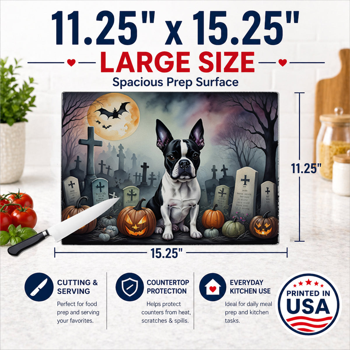 Caroline's Treasures DAC2020LCB Boston Terrier Spooky Halloween Glass Cutting Board Large Decorative Tempered Glass Kitchen Cutting and Serving Board Large Size Chopping Board