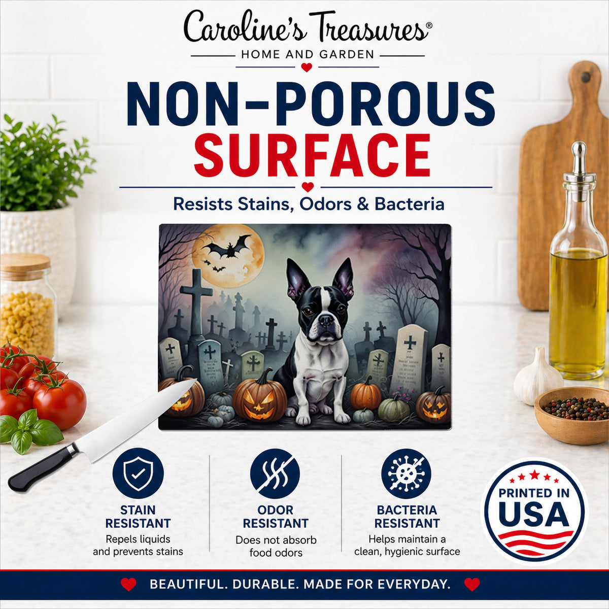 Caroline's Treasures DAC2020LCB Boston Terrier Spooky Halloween Glass Cutting Board Large Decorative Tempered Glass Kitchen Cutting and Serving Board Large Size Chopping Board