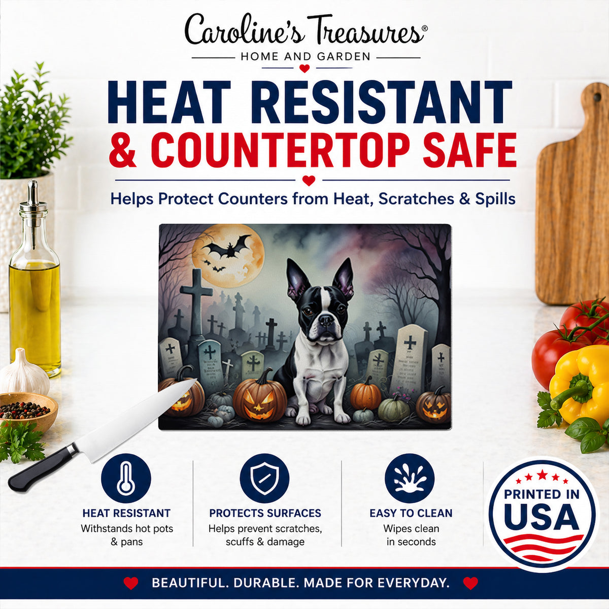 Caroline's Treasures DAC2020LCB Boston Terrier Spooky Halloween Glass Cutting Board Large Decorative Tempered Glass Kitchen Cutting and Serving Board Large Size Chopping Board