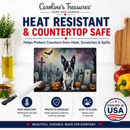 Caroline's Treasures DAC2020LCB Boston Terrier Spooky Halloween Glass Cutting Board Large Decorative Tempered Glass Kitchen Cutting and Serving Board Large Size Chopping Board