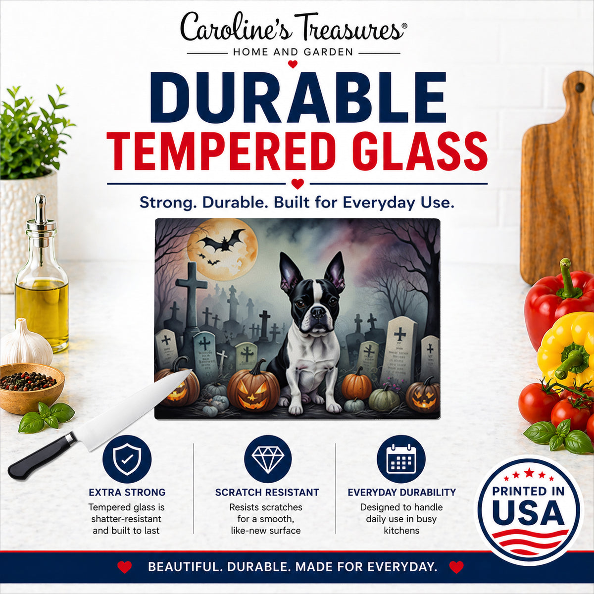 Caroline's Treasures DAC2020LCB Boston Terrier Spooky Halloween Glass Cutting Board Large Decorative Tempered Glass Kitchen Cutting and Serving Board Large Size Chopping Board