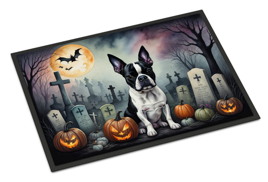 Caroline's Treasures DAC2020MAT Boston Terrier Spooky Halloween Doormat 18x27 Front Door Mat Indoor Outdoor Rugs for Entryway, Non Slip Washable Low Pile, 18H X 27W