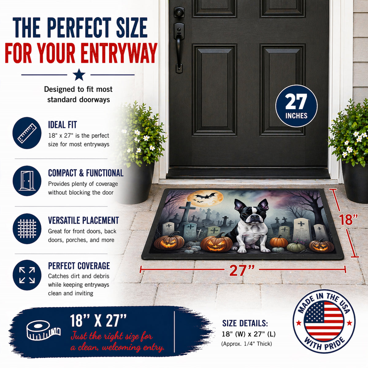 Caroline's Treasures DAC2020MAT Boston Terrier Spooky Halloween Doormat 18x27 Front Door Mat Indoor Outdoor Rugs for Entryway, Non Slip Washable Low Pile, 18H X 27W
