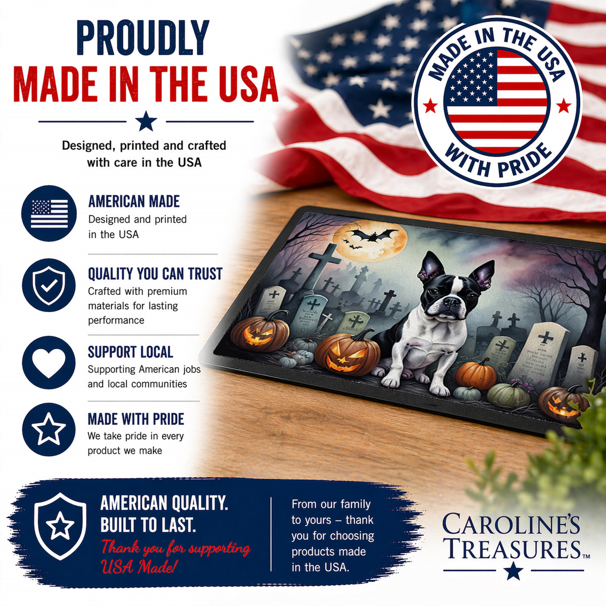 Caroline's Treasures DAC2020MAT Boston Terrier Spooky Halloween Doormat 18x27 Front Door Mat Indoor Outdoor Rugs for Entryway, Non Slip Washable Low Pile, 18H X 27W