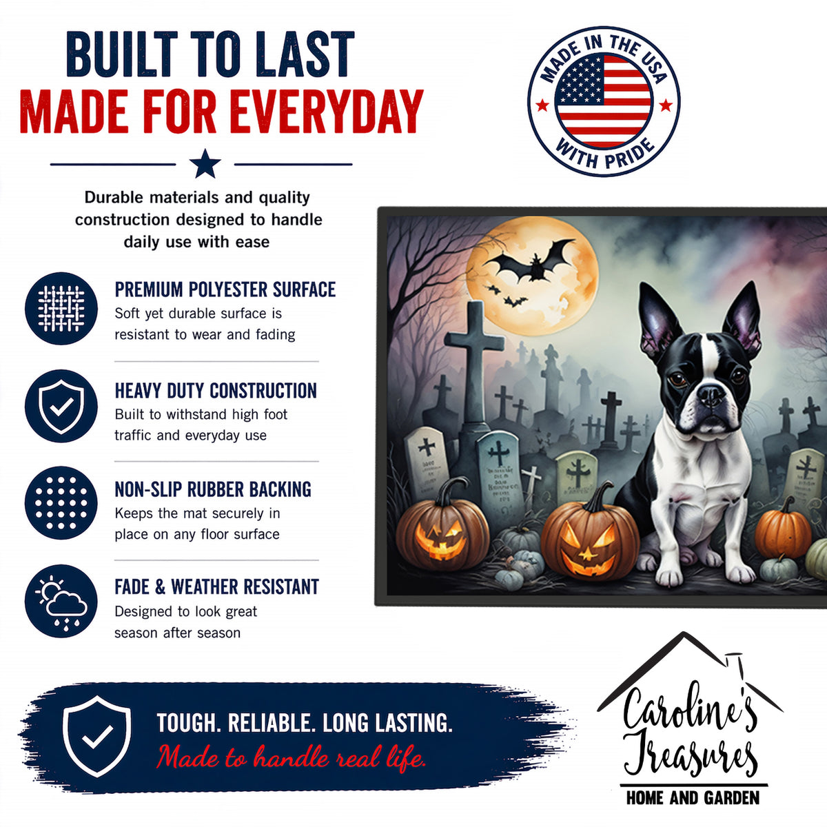 Caroline's Treasures DAC2020MAT Boston Terrier Spooky Halloween Doormat 18x27 Front Door Mat Indoor Outdoor Rugs for Entryway, Non Slip Washable Low Pile, 18H X 27W