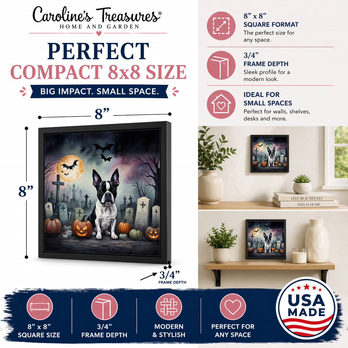 Caroline's Treasures Boston Terrier Dogs Framed Metal Wall Art 8 x 8 Inch