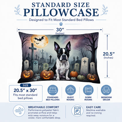 Caroline's Treasures DAC2020PILLOWCASE Boston Terrier Spooky Halloween Fabric Standard Pillowcase Lightweight Super Soft Easy Care Decorative Artwork Pillowcase, Standard