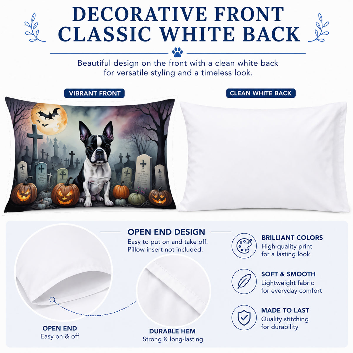 Caroline's Treasures DAC2020PILLOWCASE Boston Terrier Spooky Halloween Fabric Standard Pillowcase Lightweight Super Soft Easy Care Decorative Artwork Pillowcase, Standard