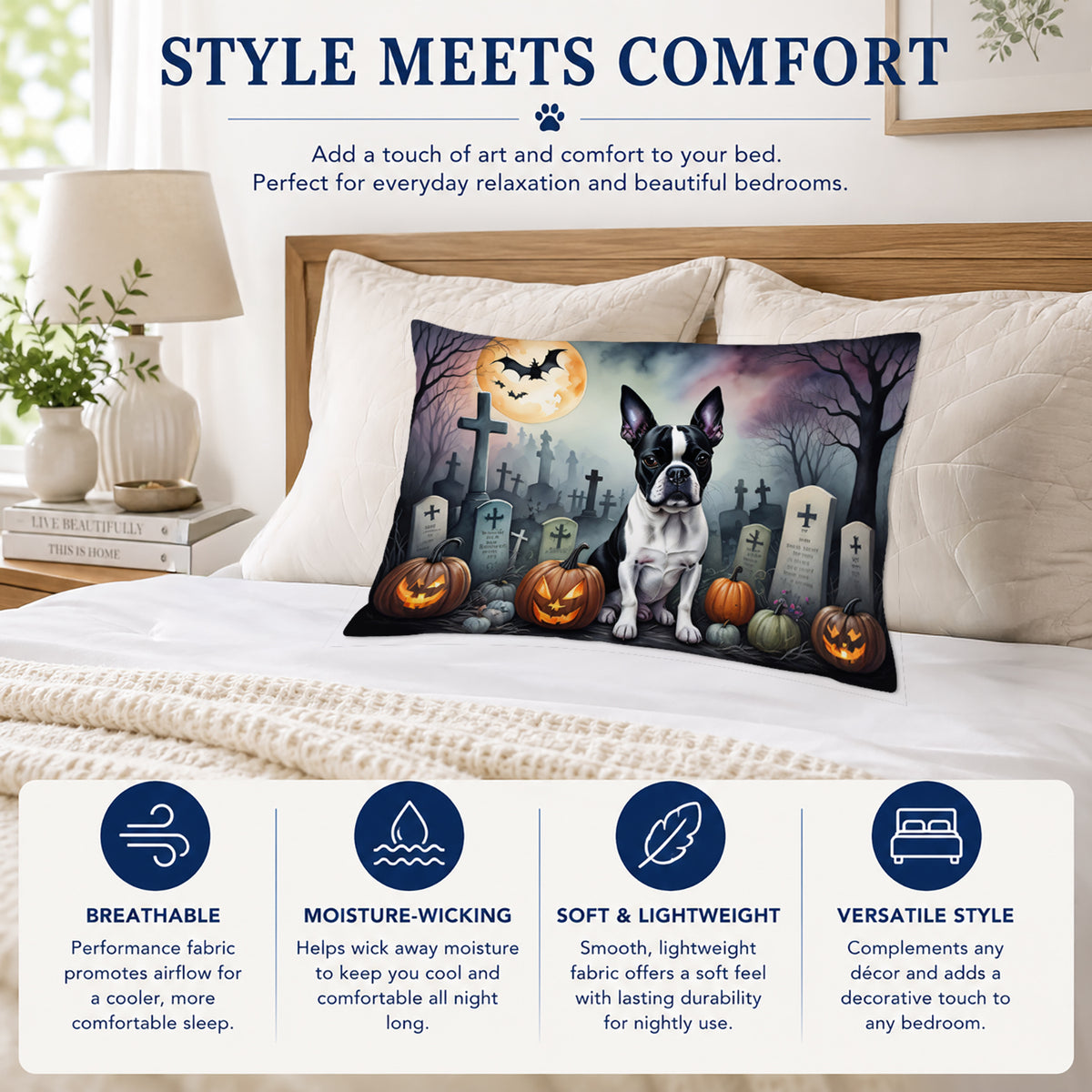 Caroline's Treasures DAC2020PILLOWCASE Boston Terrier Spooky Halloween Fabric Standard Pillowcase Lightweight Super Soft Easy Care Decorative Artwork Pillowcase, Standard