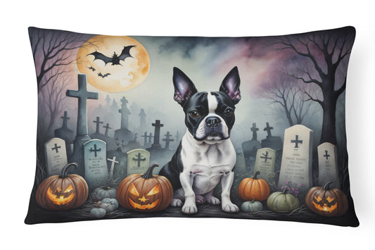 Caroline's Treasures DAC2020PW1216 Boston Terrier Spooky Halloween Fabric Decorative Pillow Machine Washable, Indoor Outdoor Decorative Pillow for Couch, Bed or Patio, 12HX16W