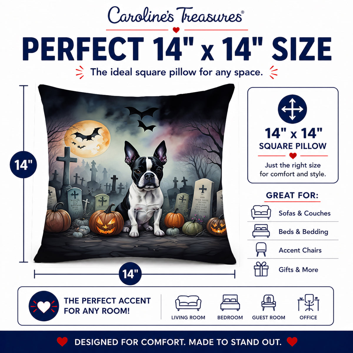 Caroline's Treasures DAC2020PW1414 Boston Terrier Spooky Halloween Fabric Decorative Pillow Machine Washable, Indoor Outdoor Decorative Pillow for Couch, Bed or Patio, 14Hx14W