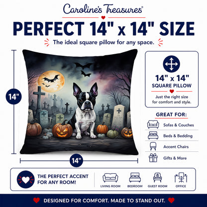Caroline's Treasures DAC2020PW1414 Boston Terrier Spooky Halloween Fabric Decorative Pillow Machine Washable, Indoor Outdoor Decorative Pillow for Couch, Bed or Patio, 14Hx14W