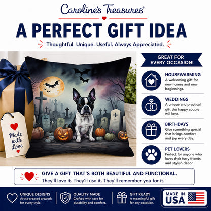 Caroline's Treasures DAC2020PW1414 Boston Terrier Spooky Halloween Fabric Decorative Pillow Machine Washable, Indoor Outdoor Decorative Pillow for Couch, Bed or Patio, 14Hx14W