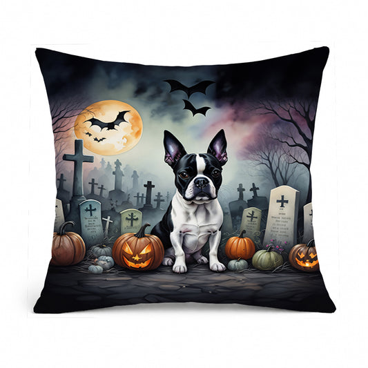 Caroline's Treasures DAC2020PW1818 Boston Terrier Spooky Halloween Fabric Decorative Pillow Machine Washable, Indoor Outdoor Decorative Pillow for Couch, Bed or Patio, 18Hx18W