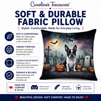 Caroline's Treasures DAC2020PW1818 Boston Terrier Spooky Halloween Fabric Decorative Pillow Machine Washable, Indoor Outdoor Decorative Pillow for Couch, Bed or Patio, 18Hx18W