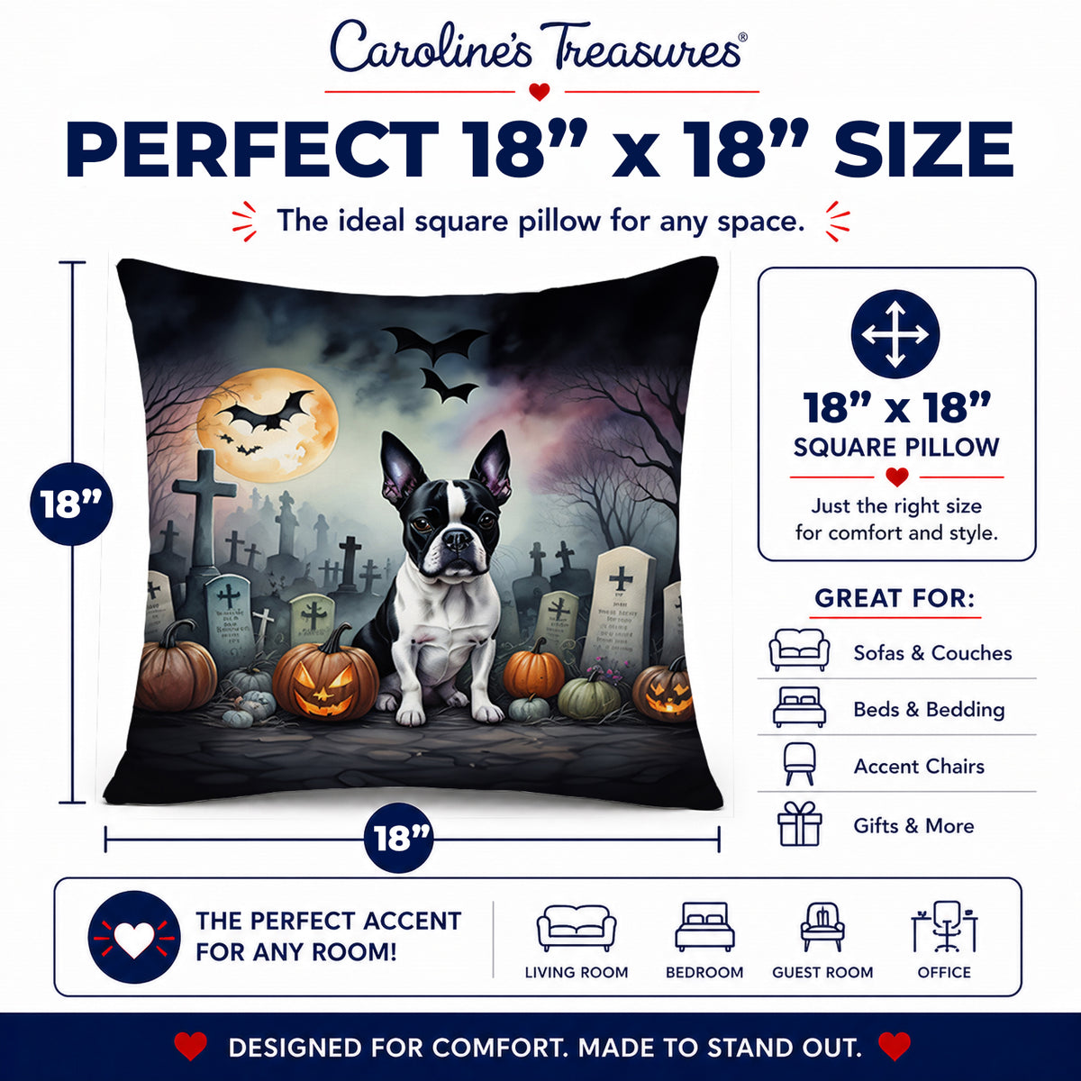 Caroline's Treasures DAC2020PW1818 Boston Terrier Spooky Halloween Fabric Decorative Pillow Machine Washable, Indoor Outdoor Decorative Pillow for Couch, Bed or Patio, 18Hx18W