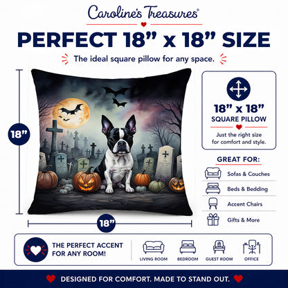 Caroline's Treasures DAC2020PW1818 Boston Terrier Spooky Halloween Fabric Decorative Pillow Machine Washable, Indoor Outdoor Decorative Pillow for Couch, Bed or Patio, 18Hx18W
