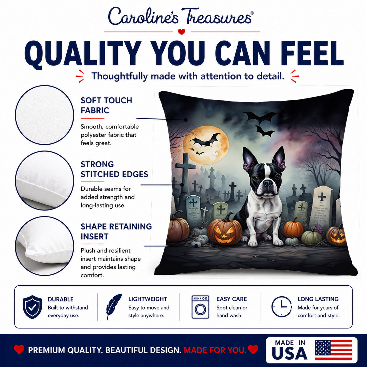 Caroline's Treasures DAC2020PW1818 Boston Terrier Spooky Halloween Fabric Decorative Pillow Machine Washable, Indoor Outdoor Decorative Pillow for Couch, Bed or Patio, 18Hx18W