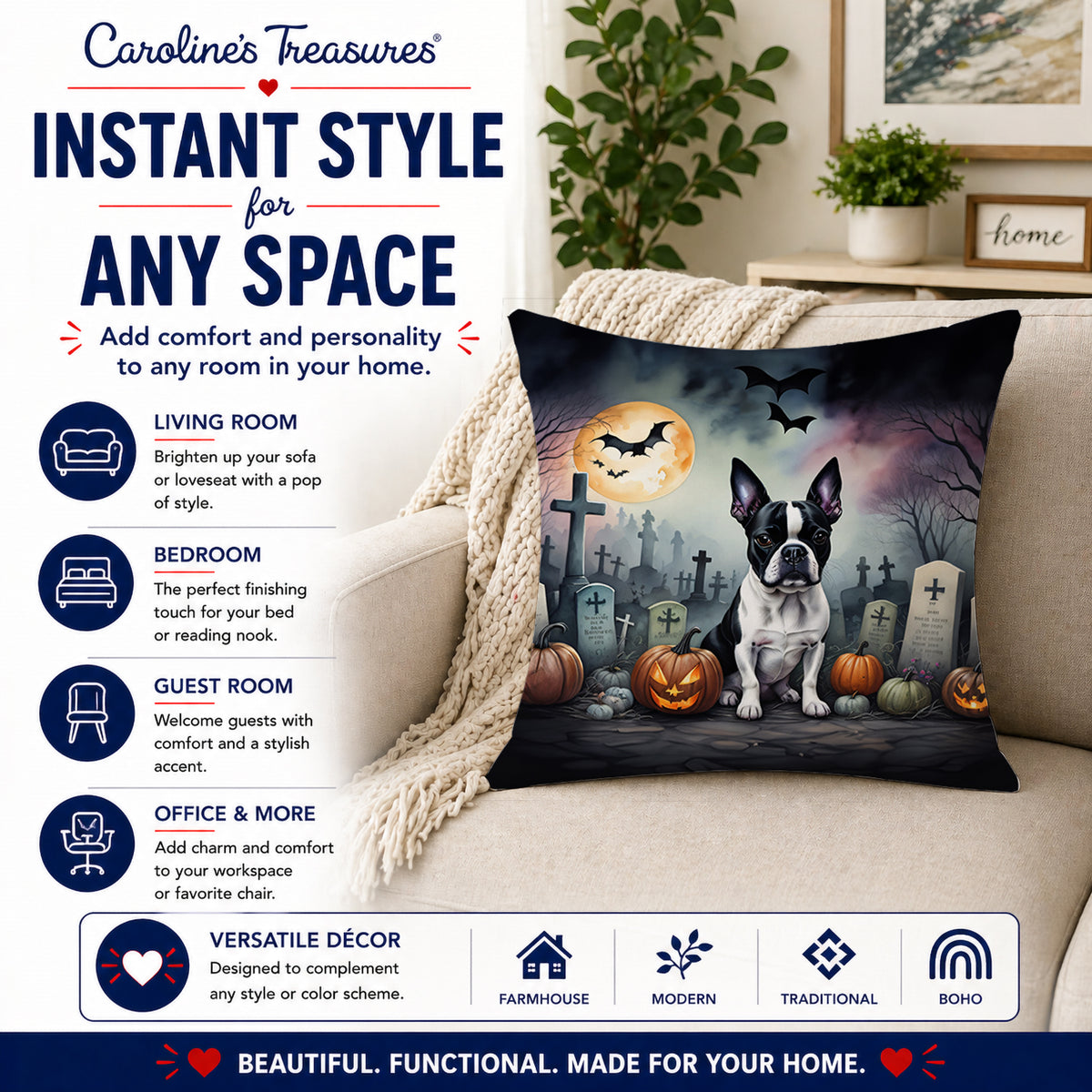 Caroline's Treasures DAC2020PW1818 Boston Terrier Spooky Halloween Fabric Decorative Pillow Machine Washable, Indoor Outdoor Decorative Pillow for Couch, Bed or Patio, 18Hx18W