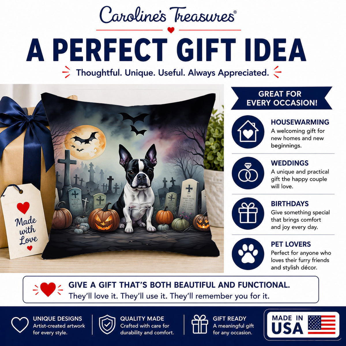 Caroline's Treasures DAC2020PW1818 Boston Terrier Spooky Halloween Fabric Decorative Pillow Machine Washable, Indoor Outdoor Decorative Pillow for Couch, Bed or Patio, 18Hx18W