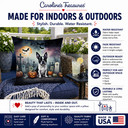 Caroline's Treasures DAC2020PW1818 Boston Terrier Spooky Halloween Fabric Decorative Pillow Machine Washable, Indoor Outdoor Decorative Pillow for Couch, Bed or Patio, 18Hx18W