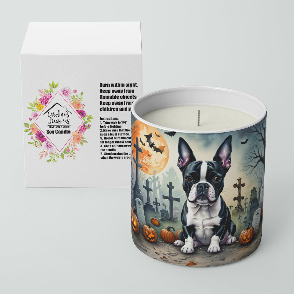 Caroline's Treasures DAC2021CDL Boston Terrier Spooky Halloween Decorative Soy Candle Nature Soy Wax Essential Oil Home Decor Ideal for Bedroom Kitchen Bath Office Gift, 10 oz