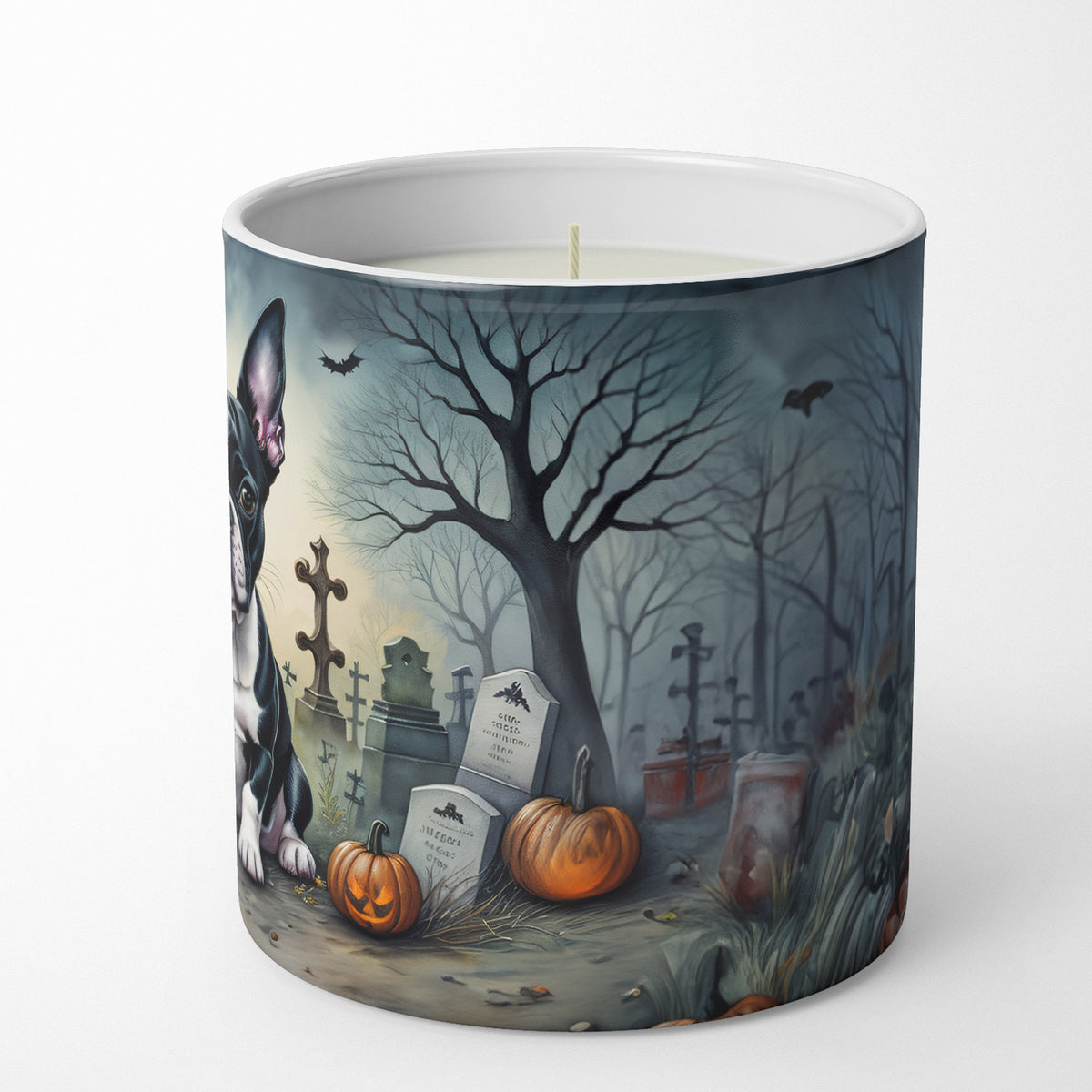 Caroline's Treasures DAC2021CDL Boston Terrier Spooky Halloween Decorative Soy Candle Nature Soy Wax Essential Oil Home Decor Ideal for Bedroom Kitchen Bath Office Gift, 10 oz