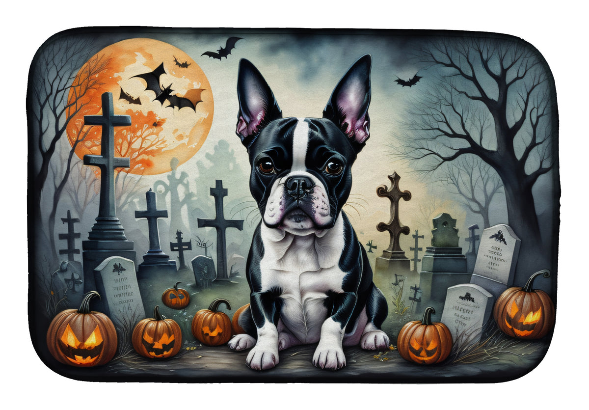 Caroline's Treasures DAC2021DDM Boston Terrier Spooky Halloween Dish Drying Mat Absorbent Dish Drying Mat Pad for Kitchen Counter Dish Drainer Mat for Countertop, 14 x 21, Multicolor