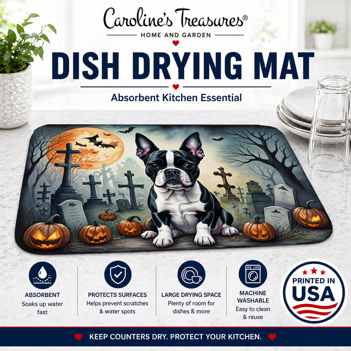 Caroline's Treasures DAC2021DDM Boston Terrier Spooky Halloween Dish Drying Mat Absorbent Dish Drying Mat Pad for Kitchen Counter Dish Drainer Mat for Countertop, 14 x 21, Multicolor