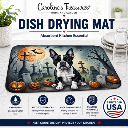 Caroline's Treasures DAC2021DDM Boston Terrier Spooky Halloween Dish Drying Mat Absorbent Dish Drying Mat Pad for Kitchen Counter Dish Drainer Mat for Countertop, 14 x 21, Multicolor