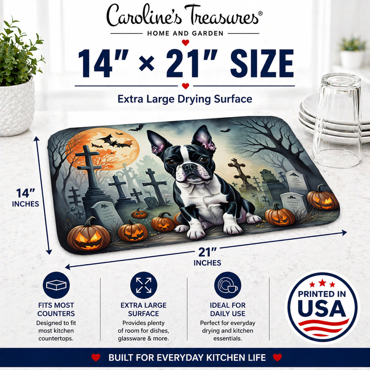 Caroline's Treasures DAC2021DDM Boston Terrier Spooky Halloween Dish Drying Mat Absorbent Dish Drying Mat Pad for Kitchen Counter Dish Drainer Mat for Countertop, 14 x 21, Multicolor