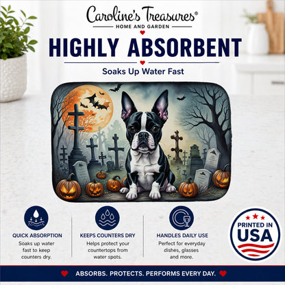Caroline's Treasures DAC2021DDM Boston Terrier Spooky Halloween Dish Drying Mat Absorbent Dish Drying Mat Pad for Kitchen Counter Dish Drainer Mat for Countertop, 14 x 21, Multicolor