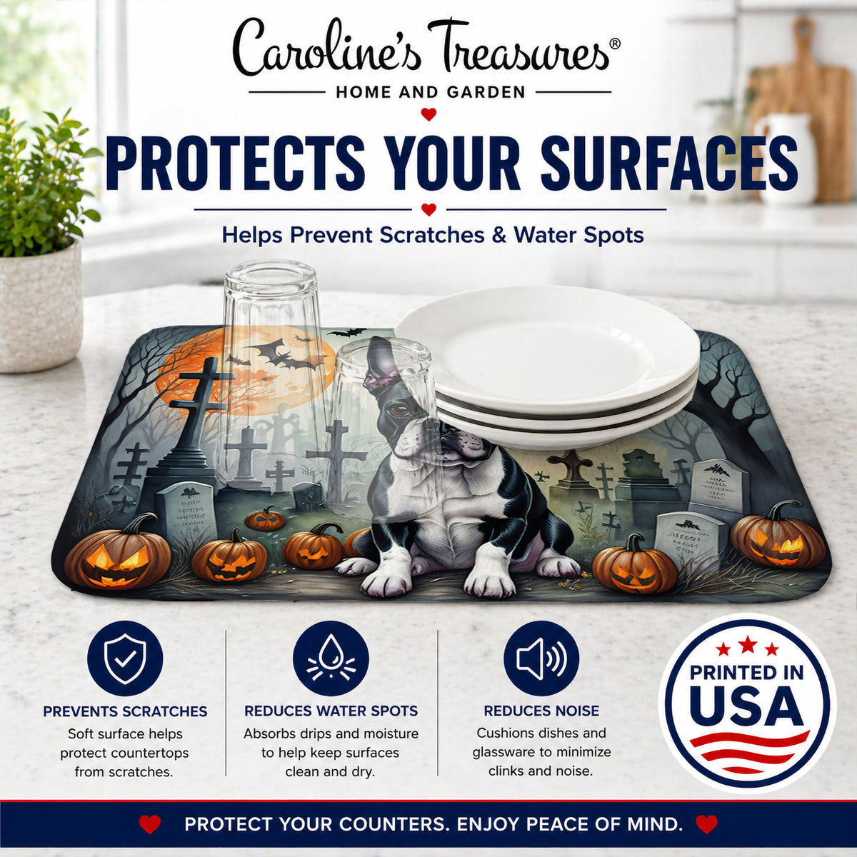 Caroline's Treasures DAC2021DDM Boston Terrier Spooky Halloween Dish Drying Mat Absorbent Dish Drying Mat Pad for Kitchen Counter Dish Drainer Mat for Countertop, 14 x 21, Multicolor