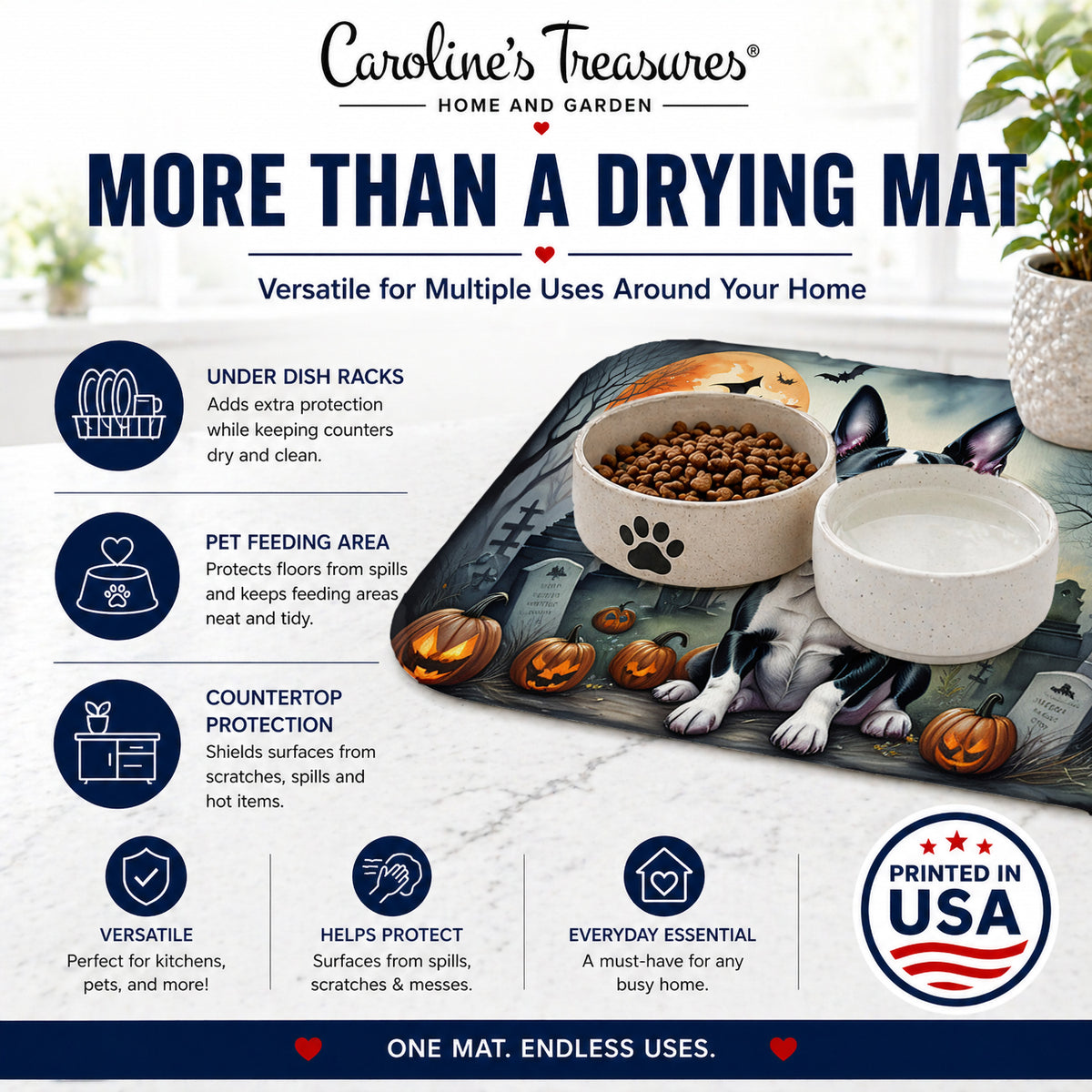 Caroline's Treasures DAC2021DDM Boston Terrier Spooky Halloween Dish Drying Mat Absorbent Dish Drying Mat Pad for Kitchen Counter Dish Drainer Mat for Countertop, 14 x 21, Multicolor