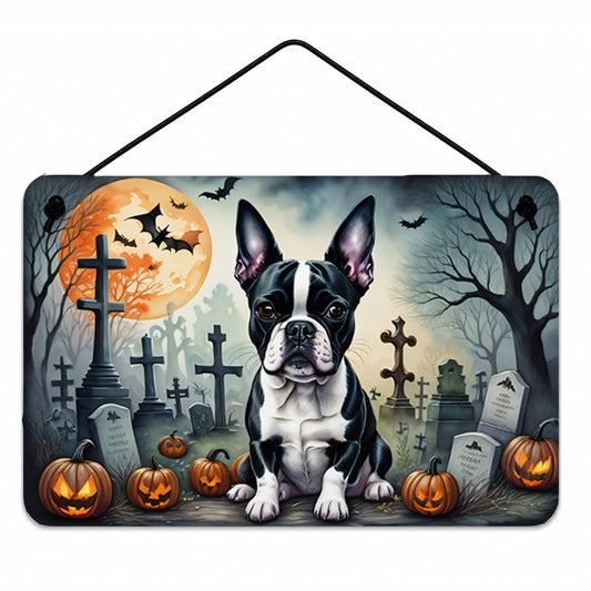 Caroline's Treasures DAC2021DS812 Boston Terrier Spooky Halloween Wall or Door Hanging Prints Aluminum Metal Sign Kitchen Wall Bar Bathroom Plaque Home Decor, 8x12, Multicolor