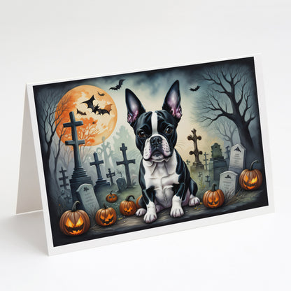 Caroline's Treasures DAC2021GCA7P Boston Terrier Spooky Halloween Greeting Cards and Envelopes Pack of 8 Blank Cards with Envelopes Whimsical A7 Size 5x7 Blank Greeting Cards